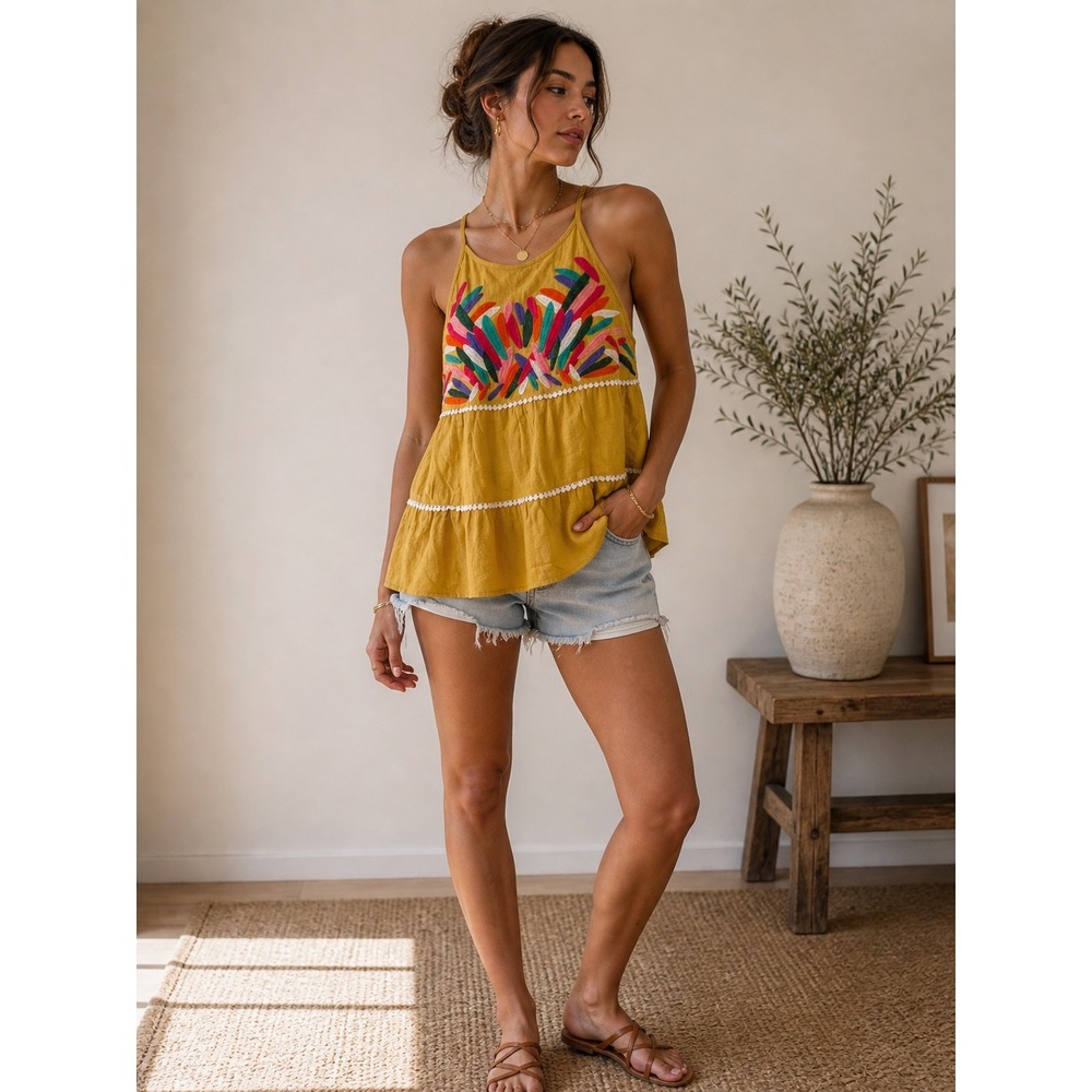 THML Women Mustard Yellow Embroidered Halter Top Tiered Babydoll Boho M